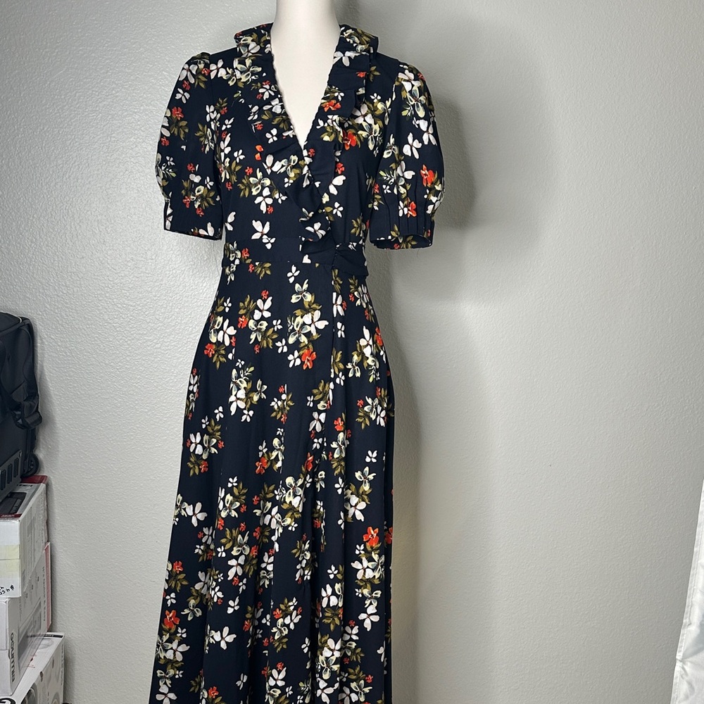 Jill JillStuart Floral Ruffle-Trim Midi Dress in Navy and Cream